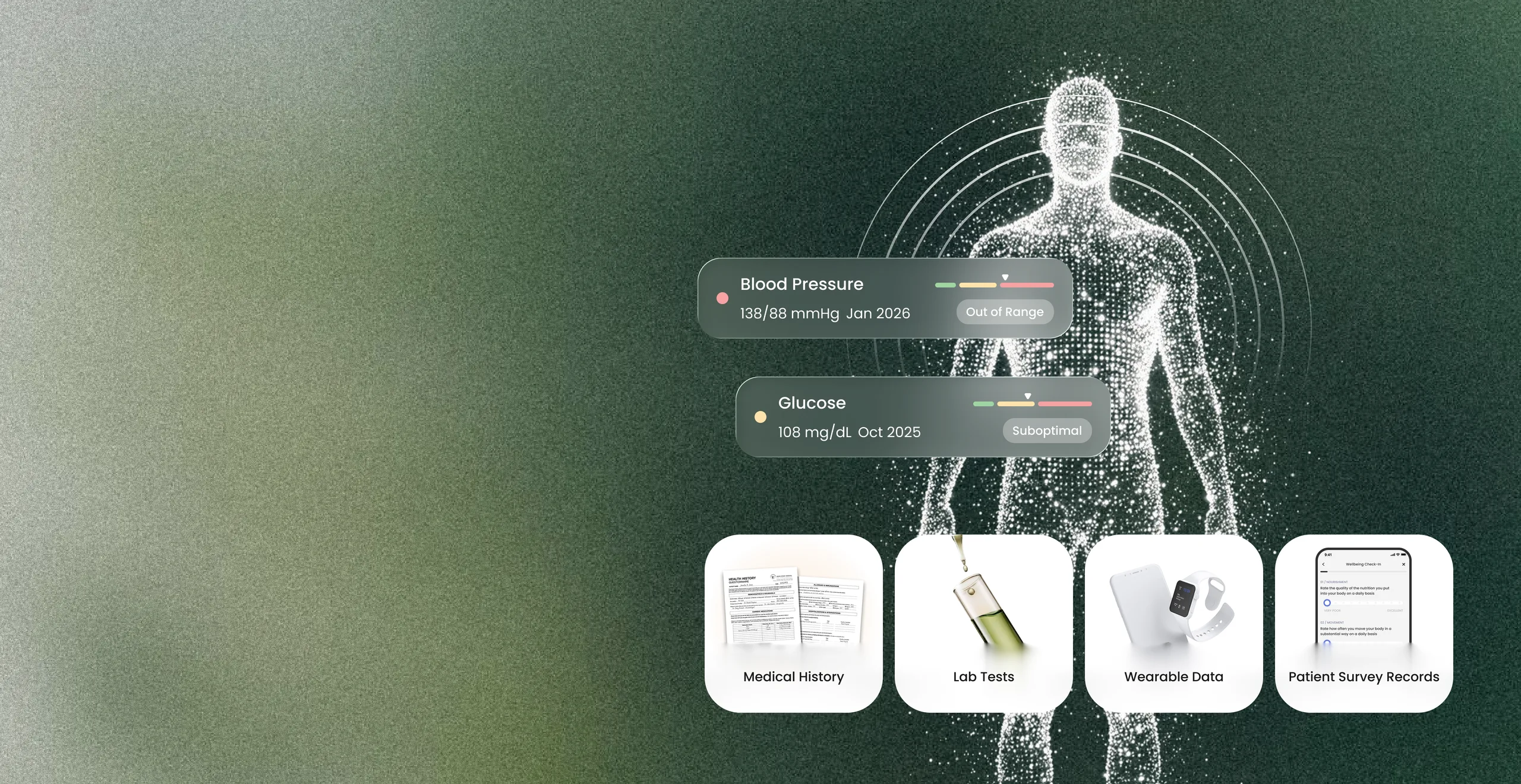 A figure mapped in points of light, with sample readings beside it over four cards labelled Medical History, Lab Tests, Wearable Data and Patient Survey Records.