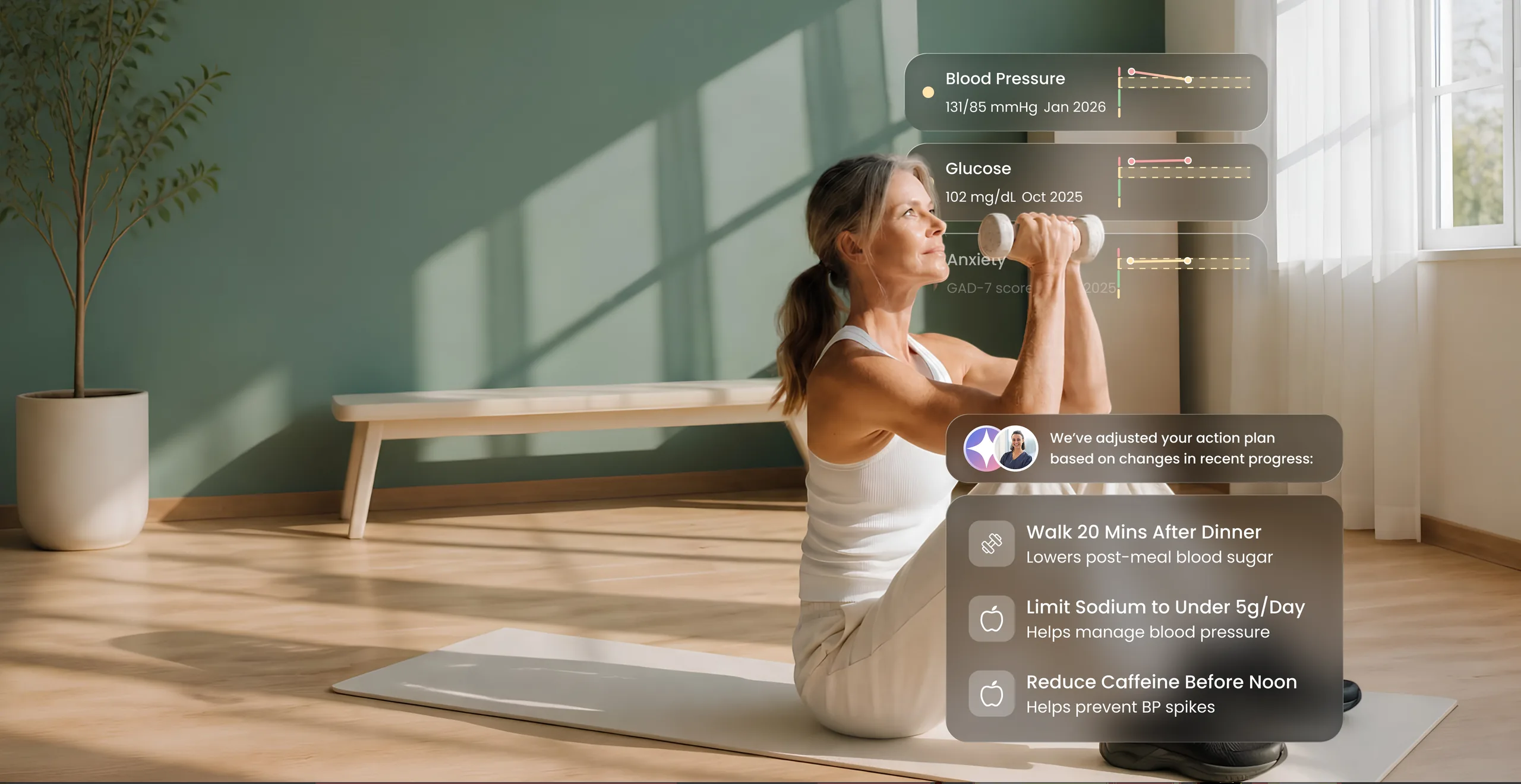 A woman exercising with a dumbbell at home, her blood pressure, glucose and anxiety readings charted beside her over time, and an adjusted action plan: walk after dinner, limit sodium, reduce caffeine before noon.