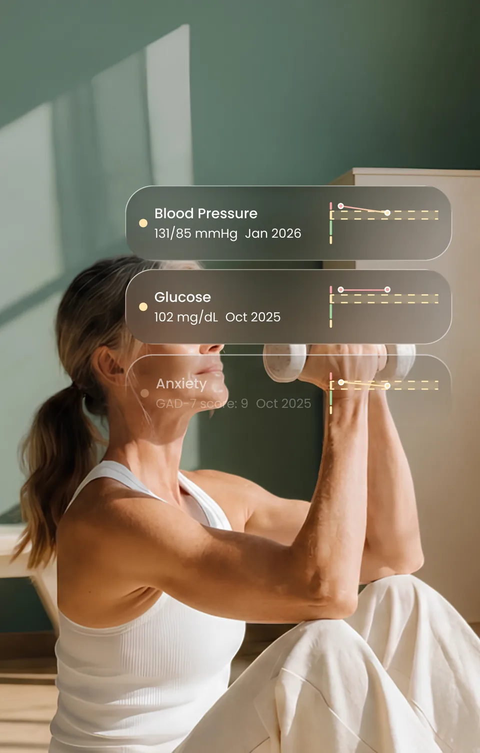 A woman exercising at home, with readings beside her showing blood pressure 131/85 mmHg, glucose 102 mg/dL and a GAD-7 anxiety score of 9.