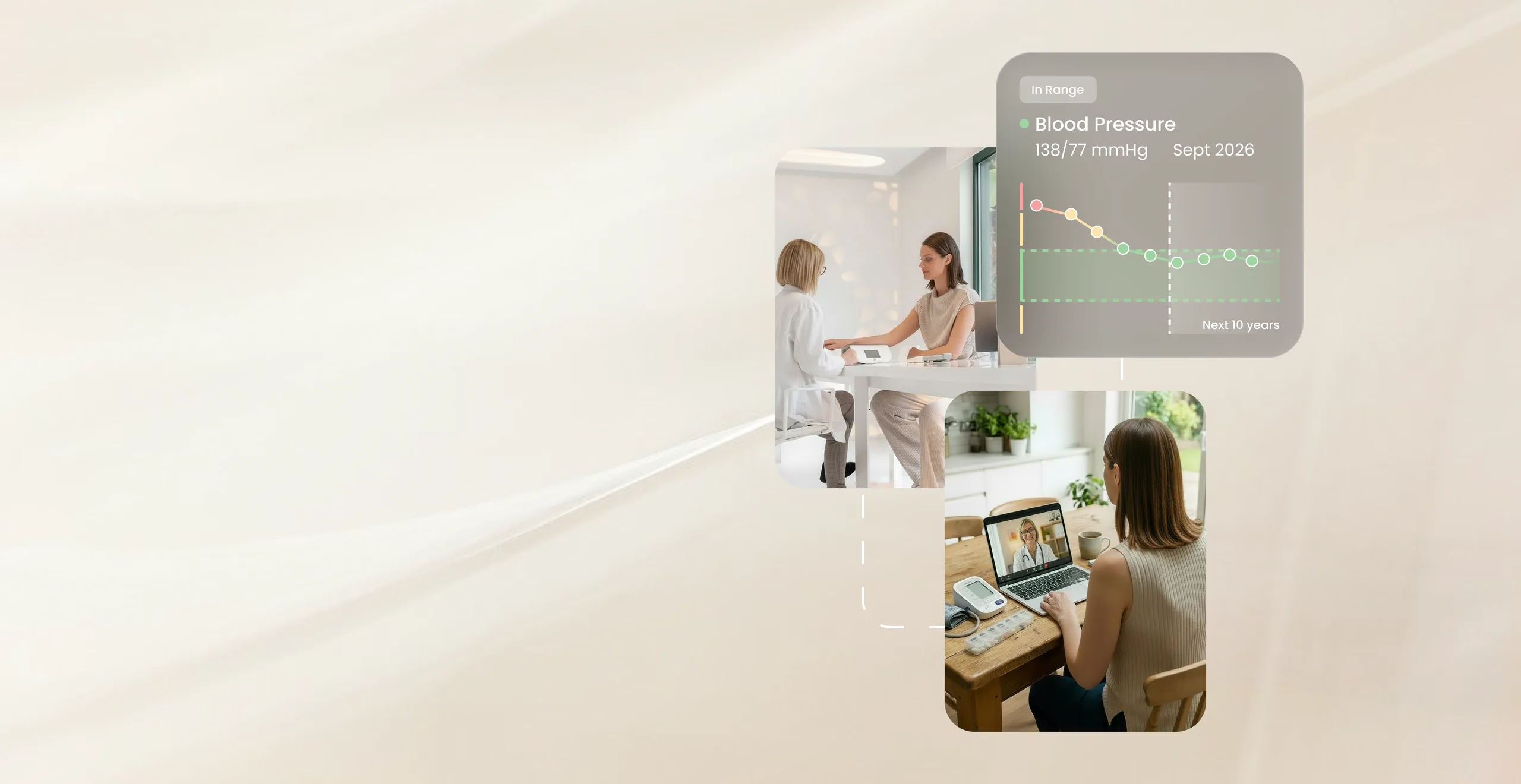A consultation and a telehealth call at home, beside a card charting blood pressure falling into its healthy range.