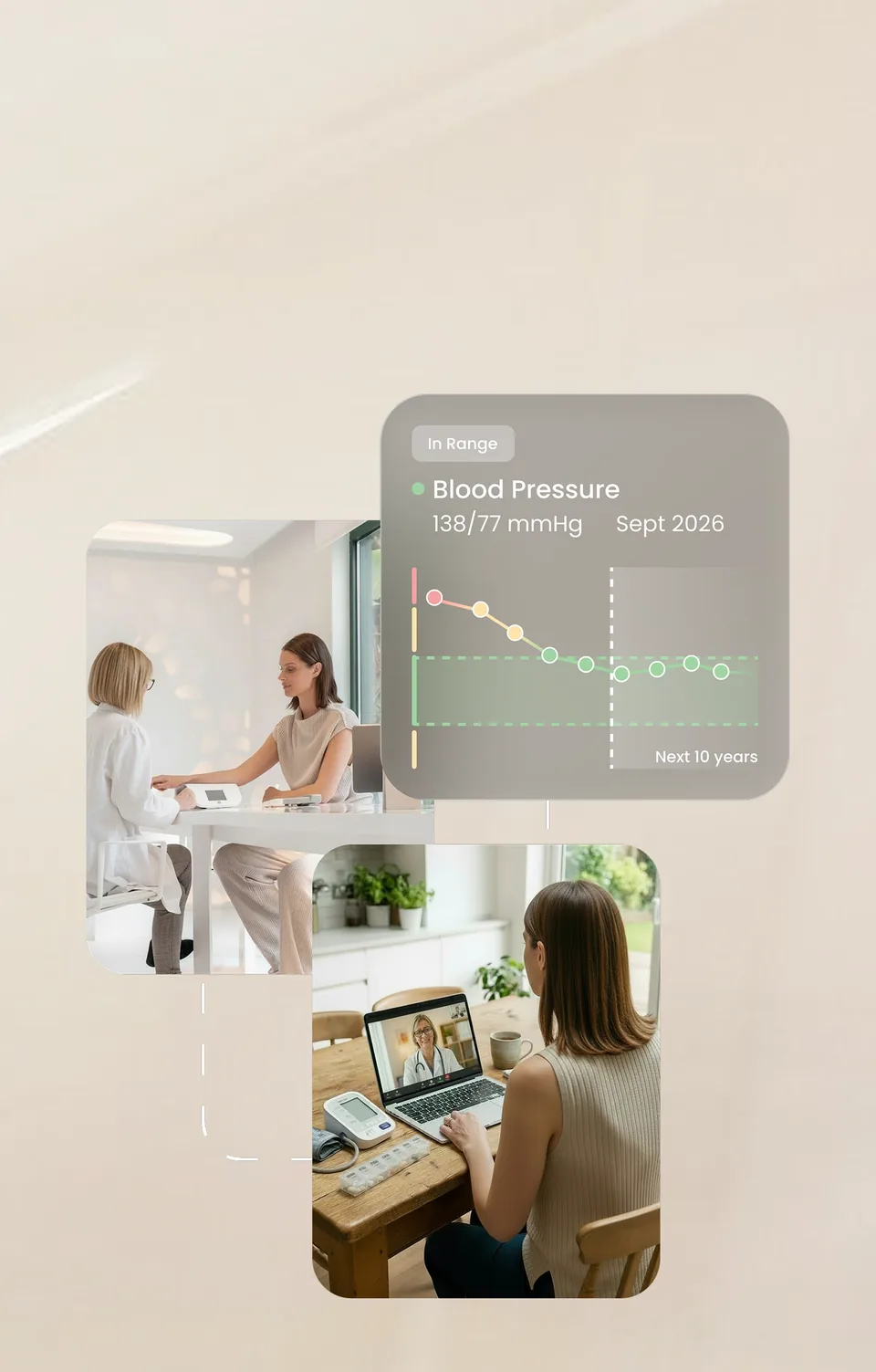A consultation and a telehealth call at home, beside a card charting blood pressure falling into its healthy range and holding there over the next ten years.