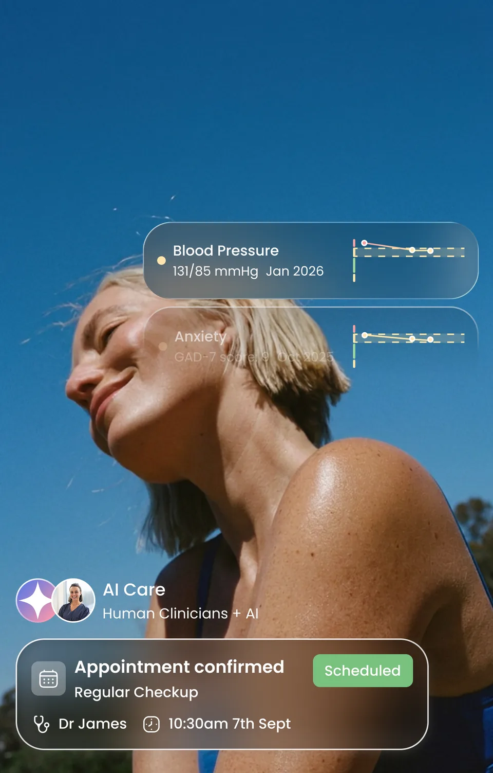 A woman outdoors against a blue sky, with sample readings for blood pressure and anxiety, an AI Care badge reading human clinicians plus AI, and a confirmed regular checkup with Dr James at 10:30am on 7 September.